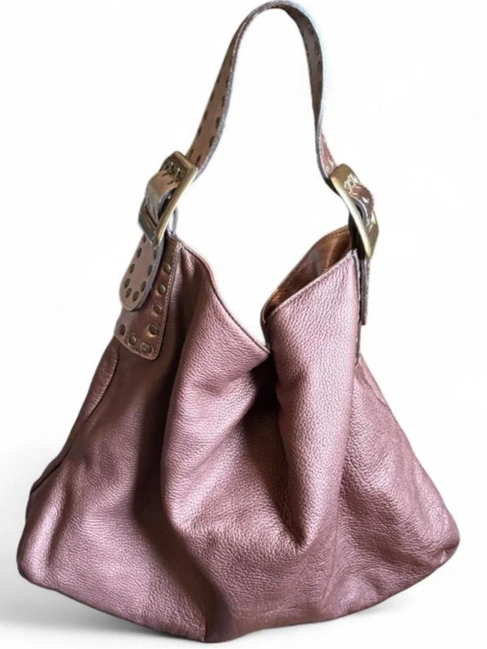 Be & D Crawford Studded Leather Hobo Bag Mauve Metallic Rose Gold